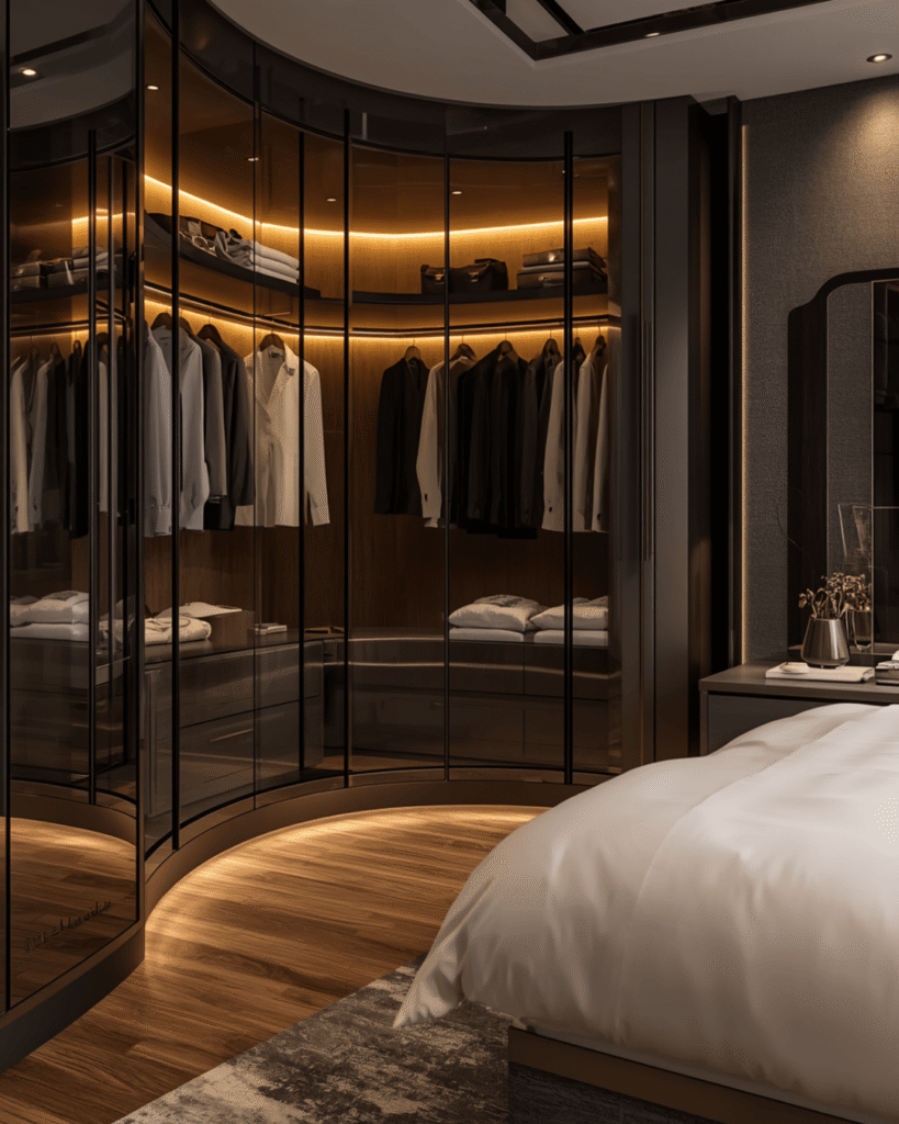 6. Modern Bedroom Closet Inspiration with Warm Lighting