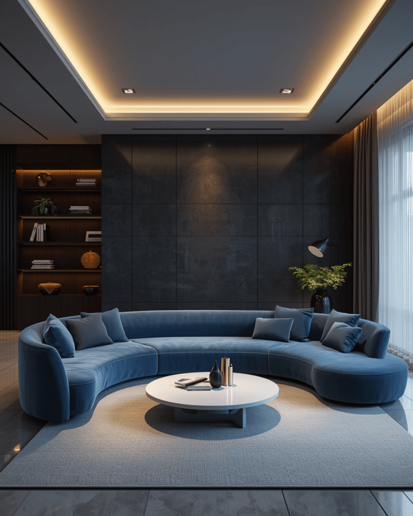 6. Modern Blue Lounge Decor with Ambient LED Lighting