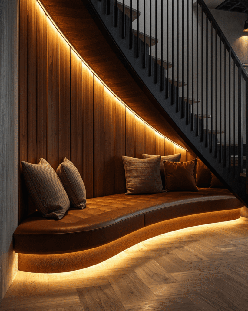 6. Modern Industrial Staircase Decor with Cozy Seating