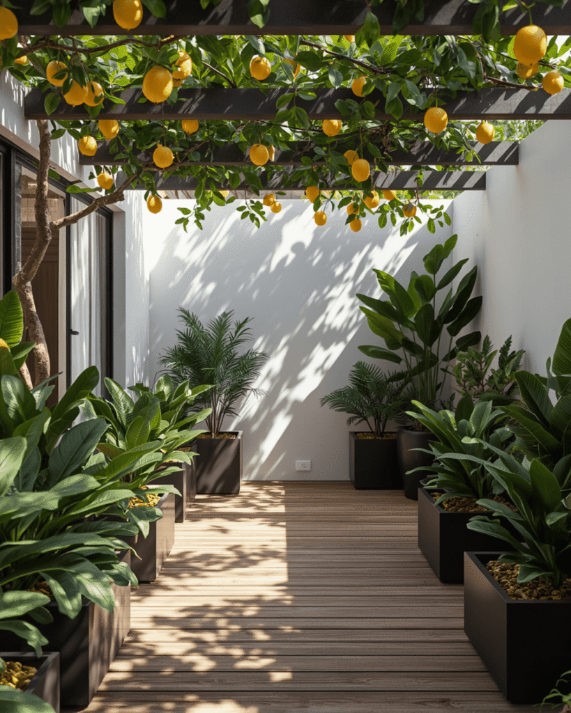 Ultra-realistic luxury hallway interior, warm LED ceiling lighting, wooden slat wall panels, pebble stone floor with hidden floor lights, tropical indoor plants in modern concrete pots, minimalist modern corridor, soft ambient lighting, luxury home entrance, realistic shadows and reflections, cinematic DSLR photography, ultra-detailed textures, Pinterest luxury interior aesthetic, 4K ultra HD quality.