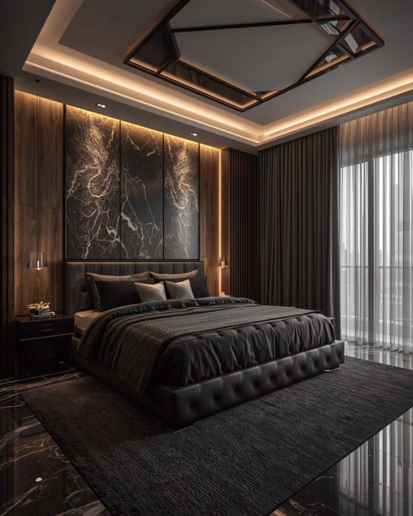 6. Premium Master Bedroom Design with Marble Wall Decor