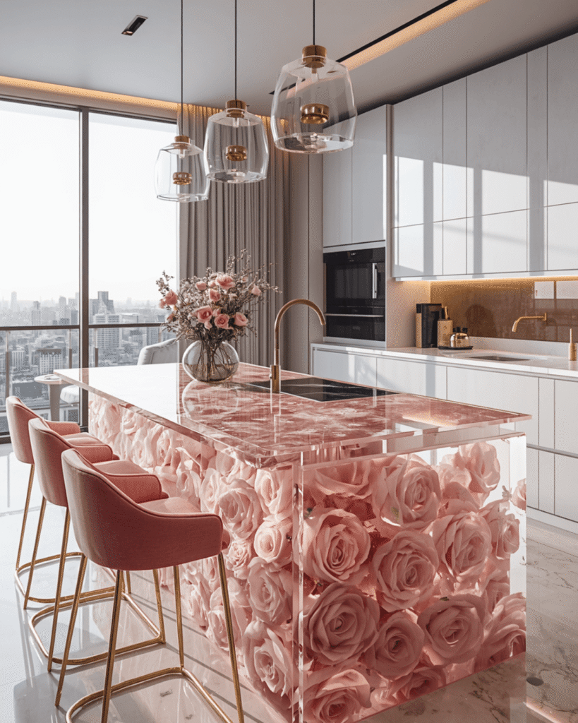 6. Romantic Luxury Kitchen Design with Floral Acrylic Decor