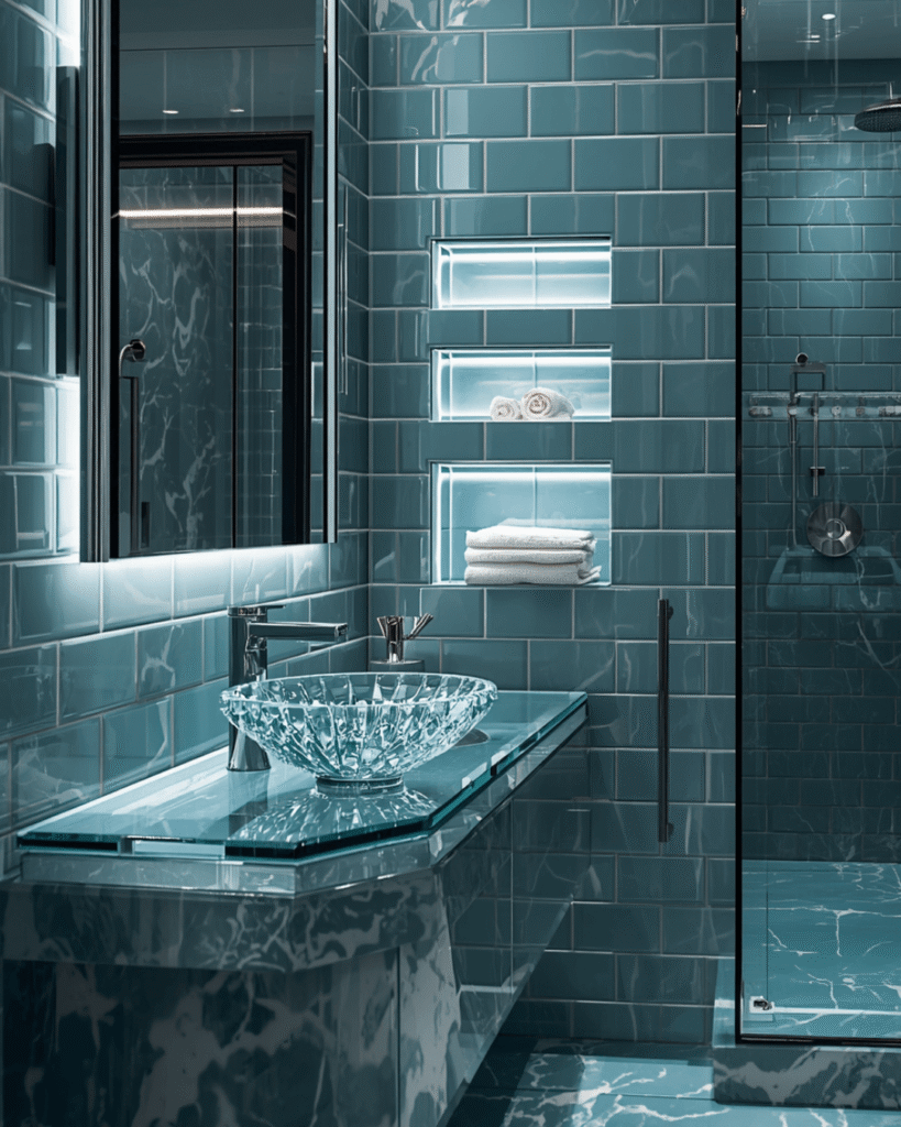 6. Stylish Aqua Bathroom with Modern Lighting
