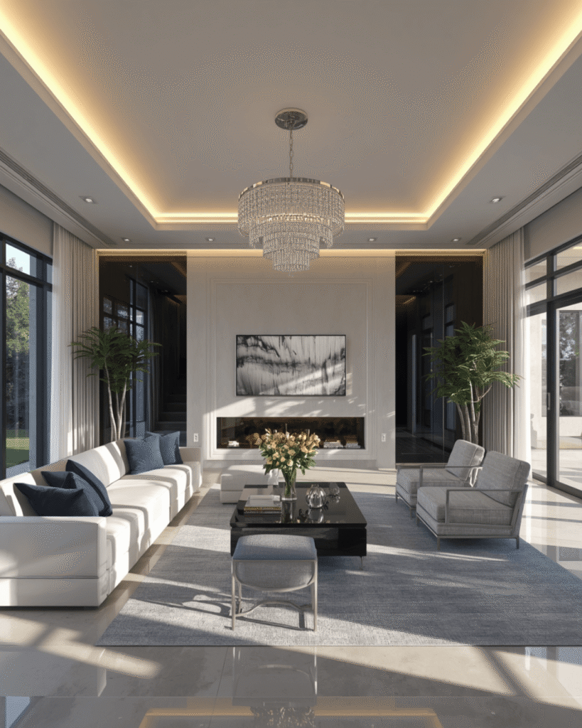 6.Modern Living Room with Elegant Lighting Features