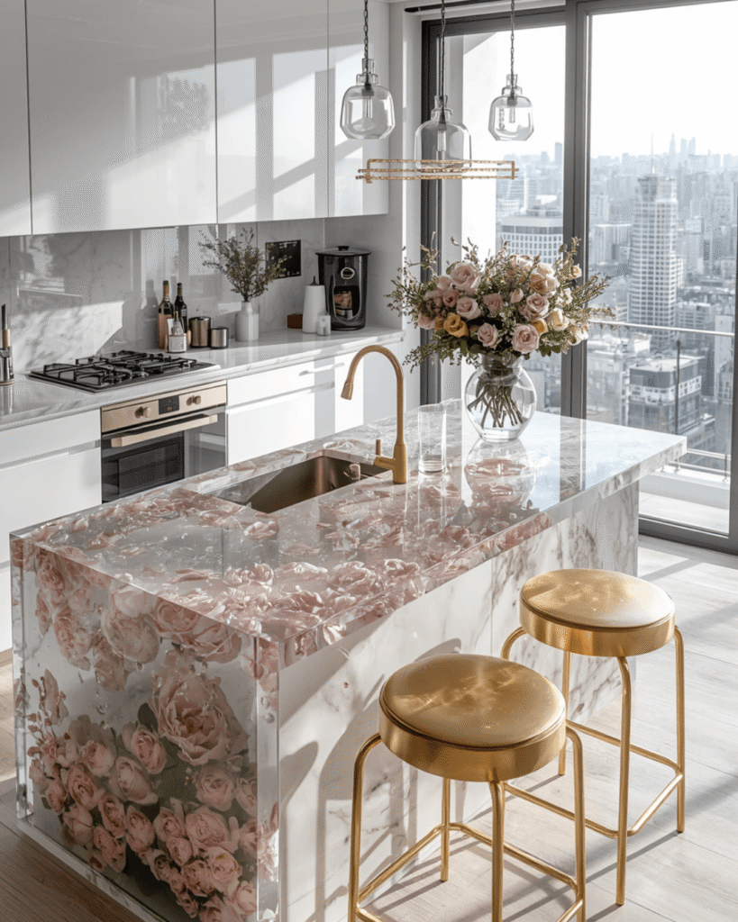 7. Bright Luxury Apartment Kitchen with Pink Floral Aesthetic