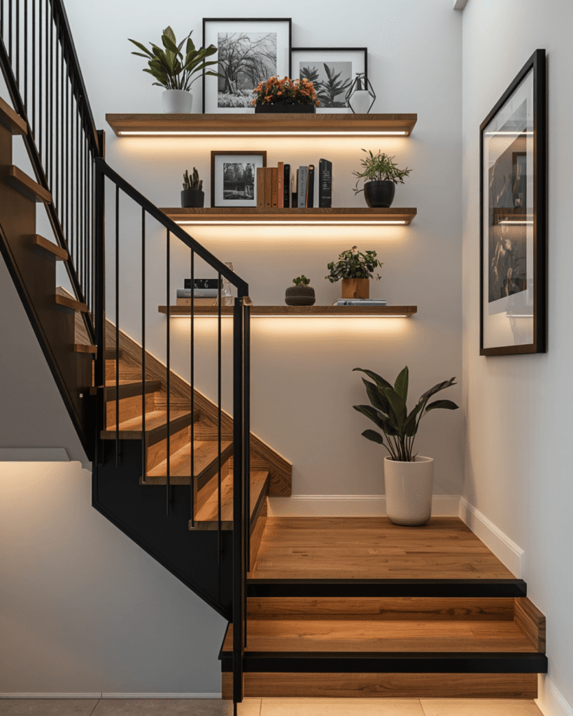7. Creative Staircase Wall Decoration Ideas with Shelves