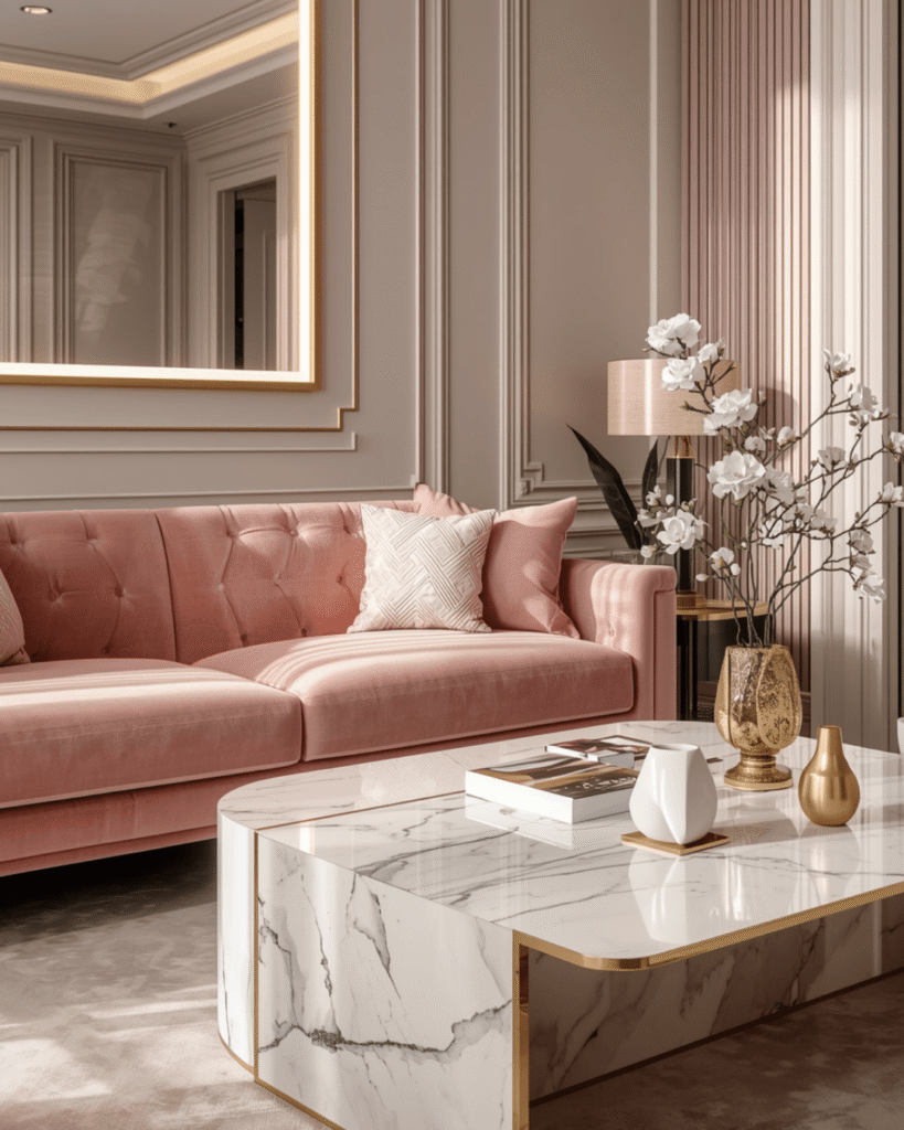 7. Cute and Cozy Living Room Ideas with Pink Sofa and Textured Rug