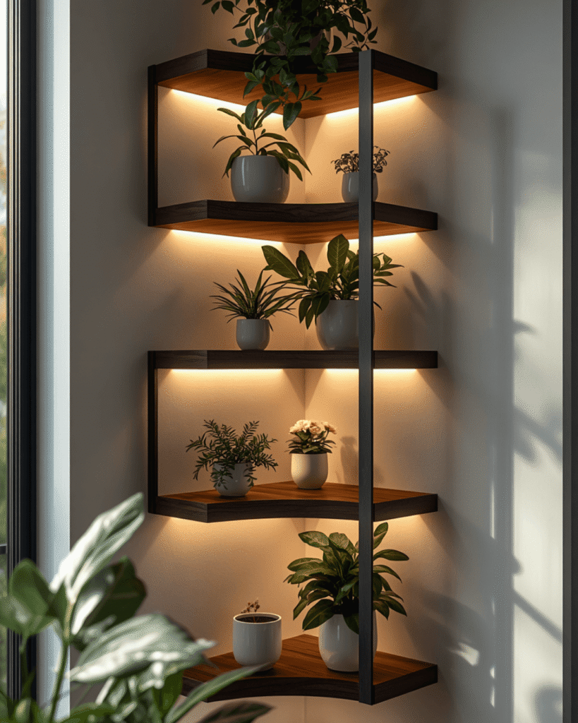 7. Decorative Corner Shelf Ideas with Plants and Lighting