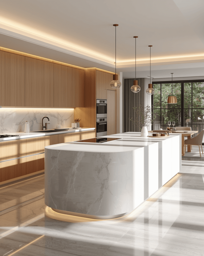 7. Luxury Kitchen Decor with Modern Lights