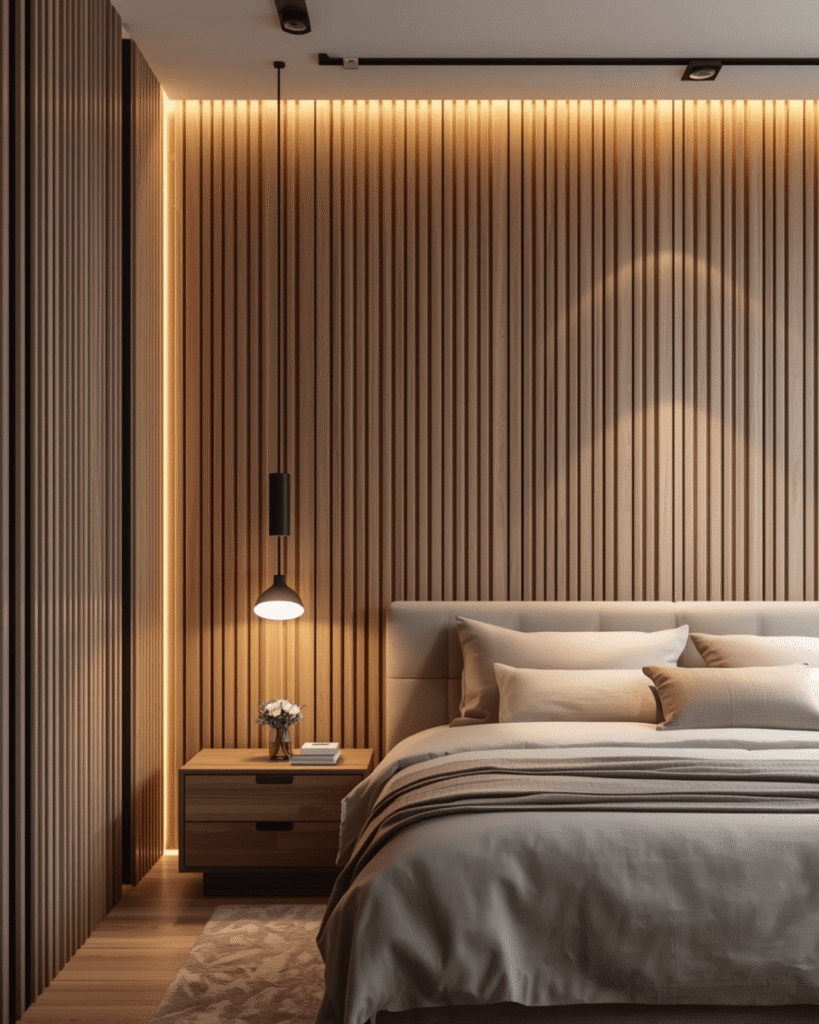 7. Minimal Luxury Bedroom Design with Wooden Panel Wall and LED Glow