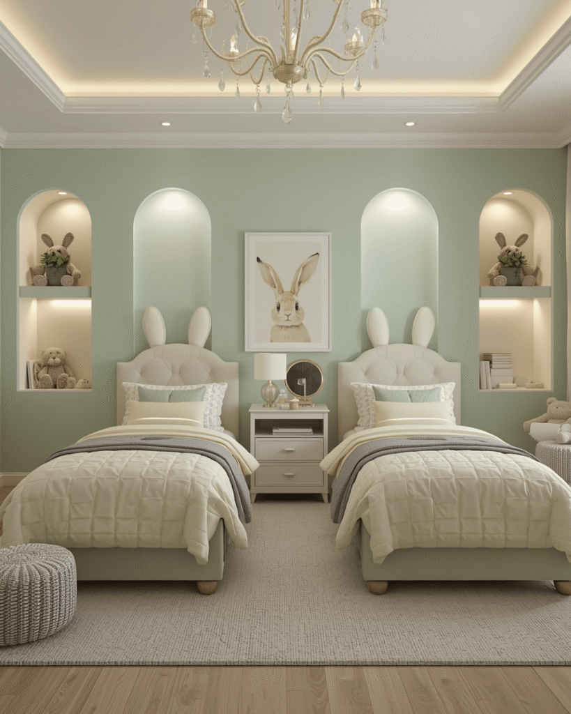 7. Minimalist Bunny Bedroom Decor with Warm LED Lighting