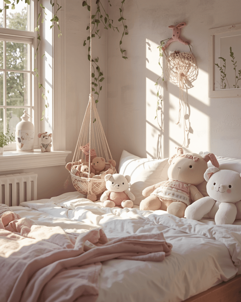 7. Pastel Aesthetic Bedroom Decor with Plush Toys