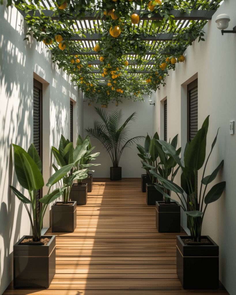 10. Minimalist Outdoor Passage Design with Hanging Plants