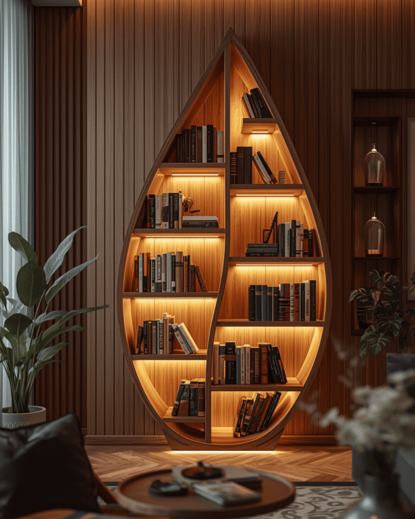 7.Minimalist Wooden Shelf Design with Soft Lighting