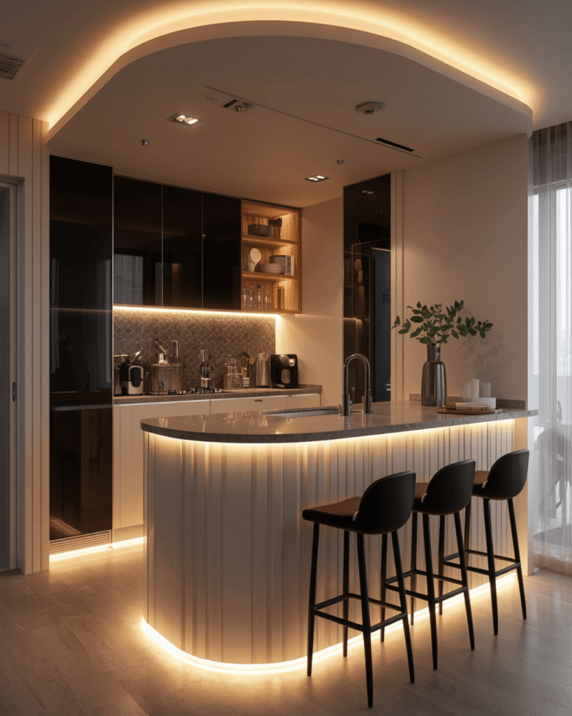 8. Minimalist Apartment Kitchen with Warm Ambient Lighting