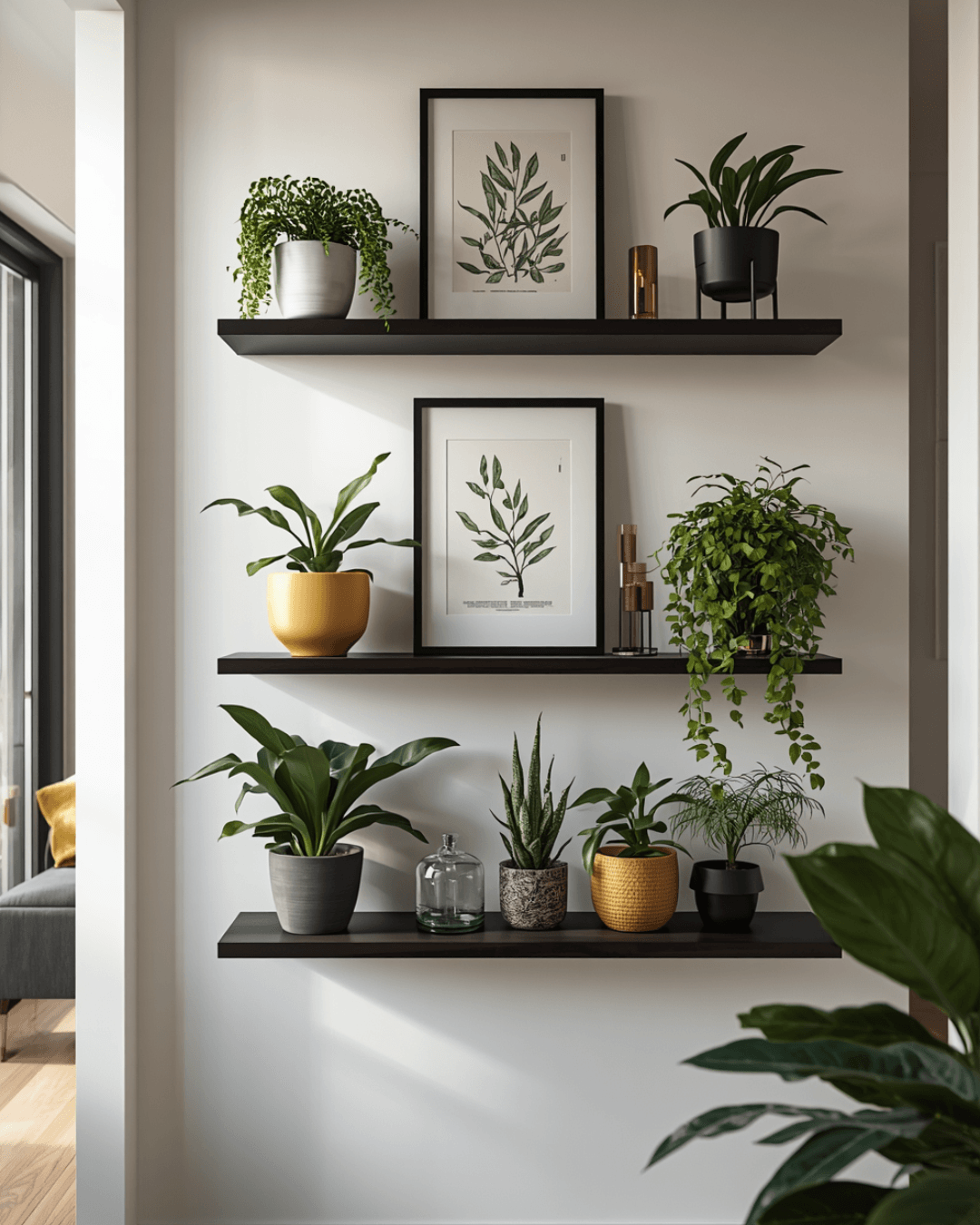 8. Minimalist Floating Shelf Decor with Colorful Plants