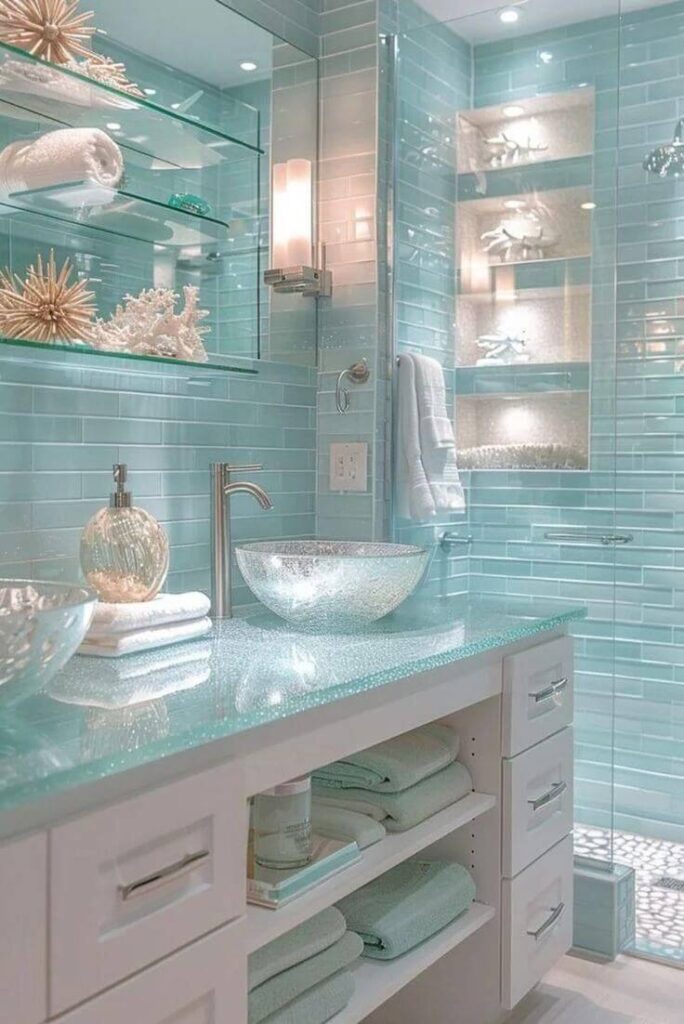 8. Minimalist Luxury Bathroom with Aqua Accents