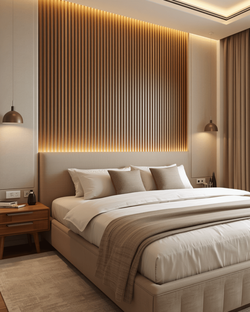8. Modern Bedroom Wall Decor Ideas with Curved Wooden Texture Design