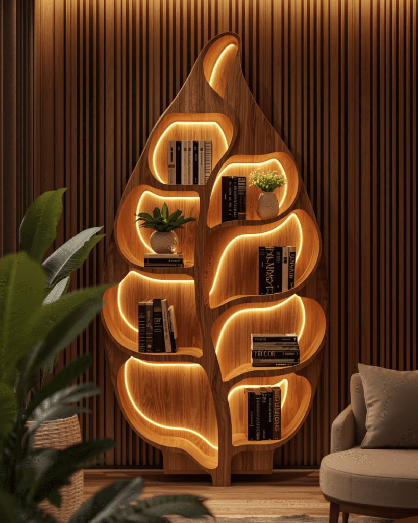 8. Modern Home Decor Idea with Unique Wooden Bookshelf