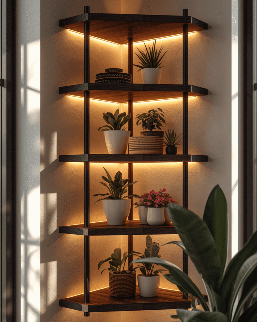 Modern Indoor Plant Wall Decor With LED Lighting And Corner Shelf