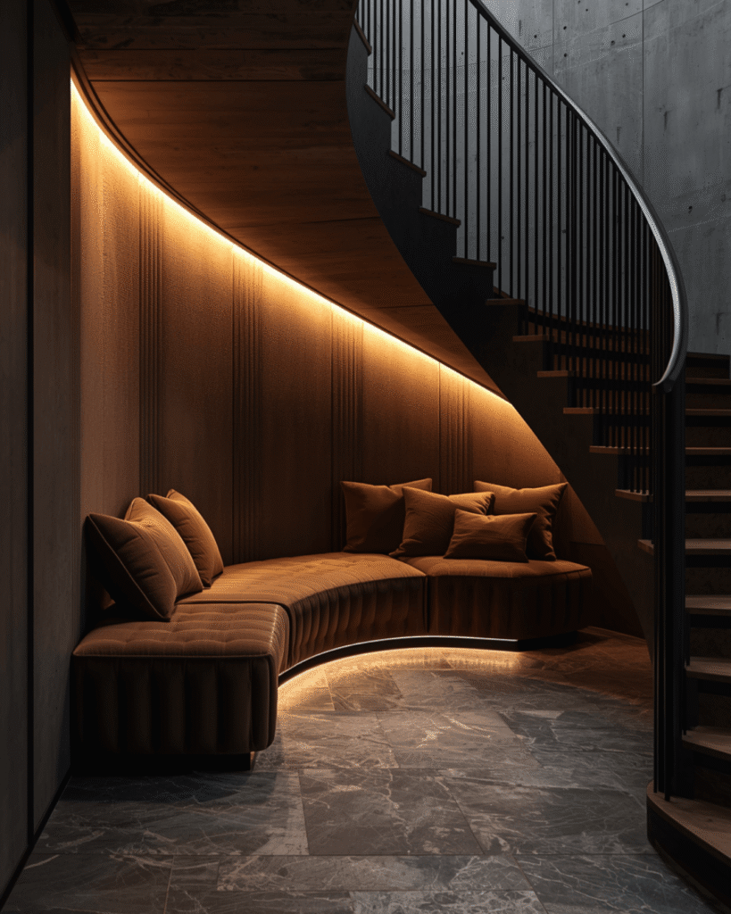 8. Stylish Under Stair Bench Design with Ambient Lighting