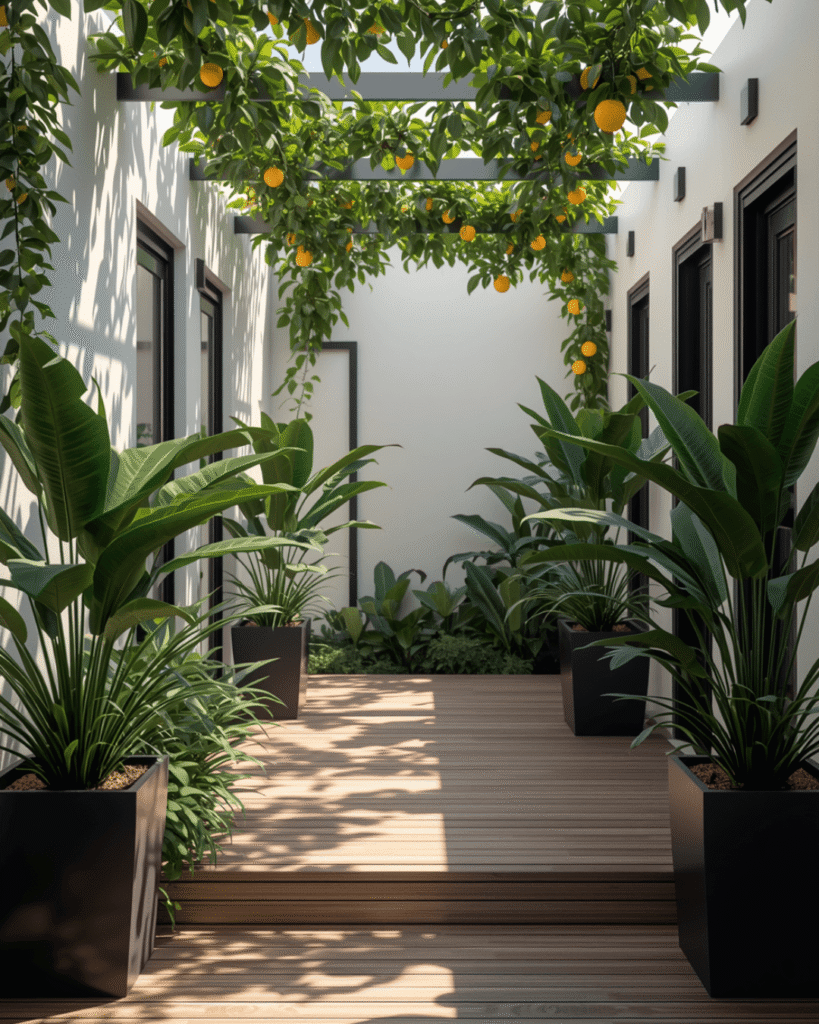 Cozy modern hallway decor, tropical indoor plants in concrete pots, warm wooden wall textures, illuminated pebble stone floor, hidden LED ceiling lighting, minimalist luxury corridor, modern home entrance, realistic shadows and textures, cinematic DSLR photography, Pinterest-inspired hallway design, ultra-detailed 4K realistic image.