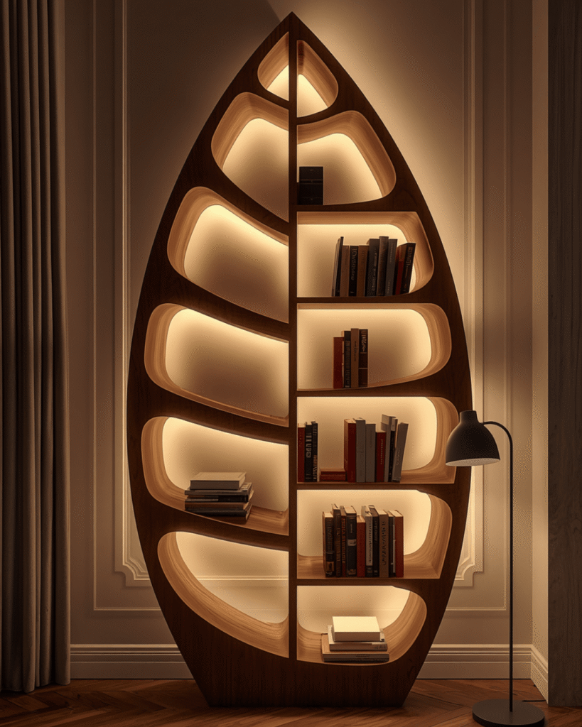 9.Elegant Living Room Bookshelf with Warm Glow