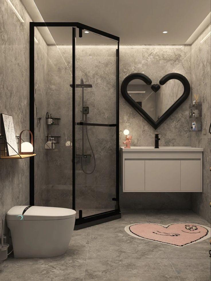 Modern Luxury Grey Marble Bathroom Design With Black Glass Shower