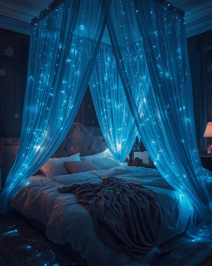 6. Elegant Blue Bedroom Decor with Starry Lighting