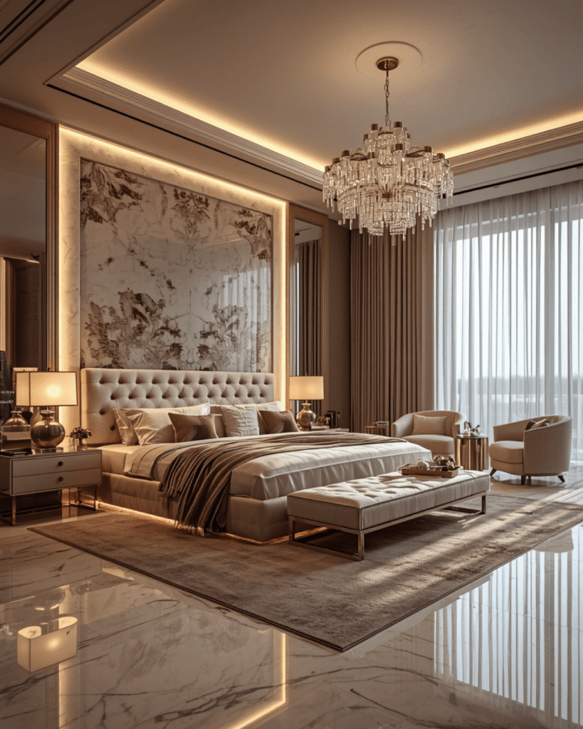 6. Modern Glam Bedroom Design with Crystal Chandelier