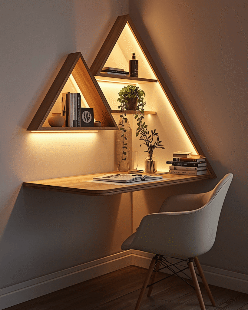 1.Modern Corner Study Table Ideas with LED Shelves