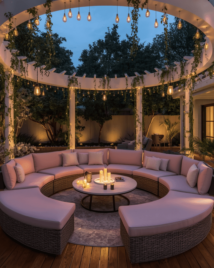 10. Beautiful Garden Lounge Ideas with Ambient Lighting