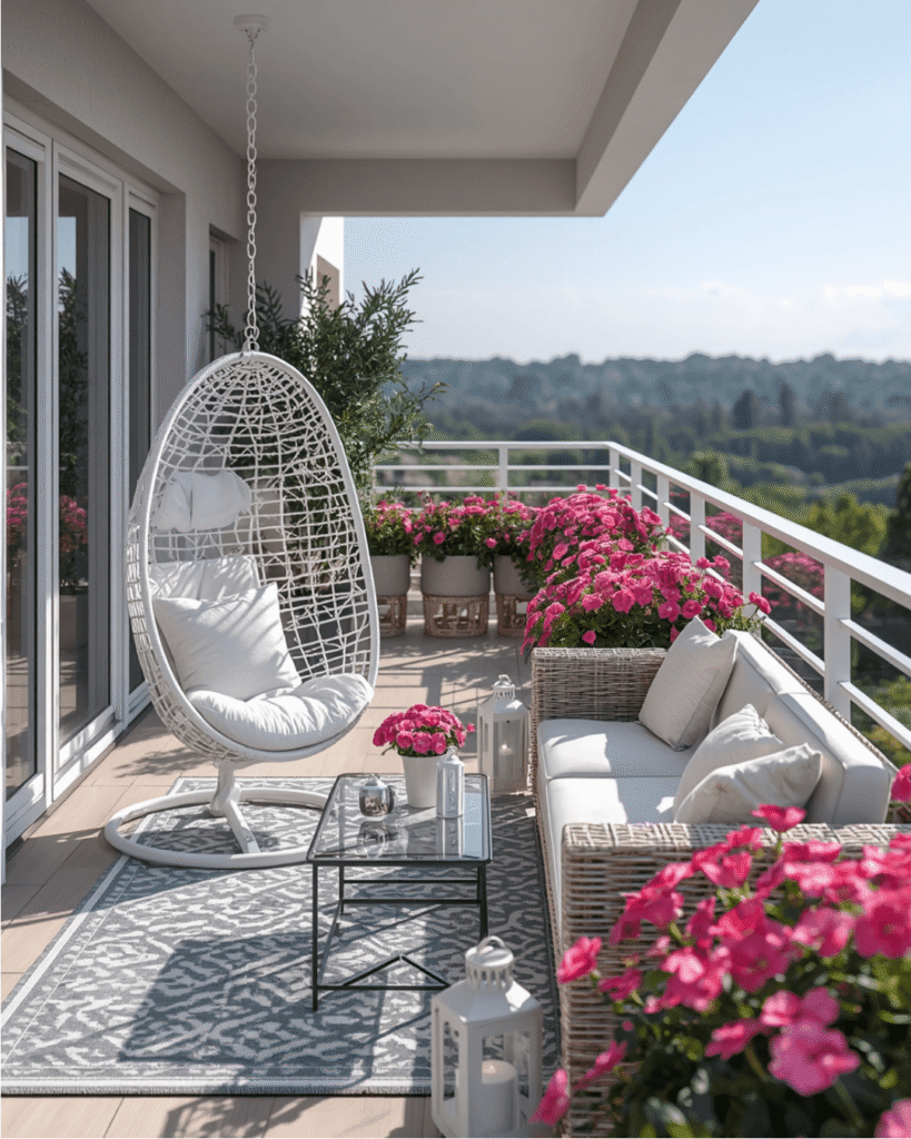 1. Beautiful Balcony Garden Ideas with Hanging Egg Chair 