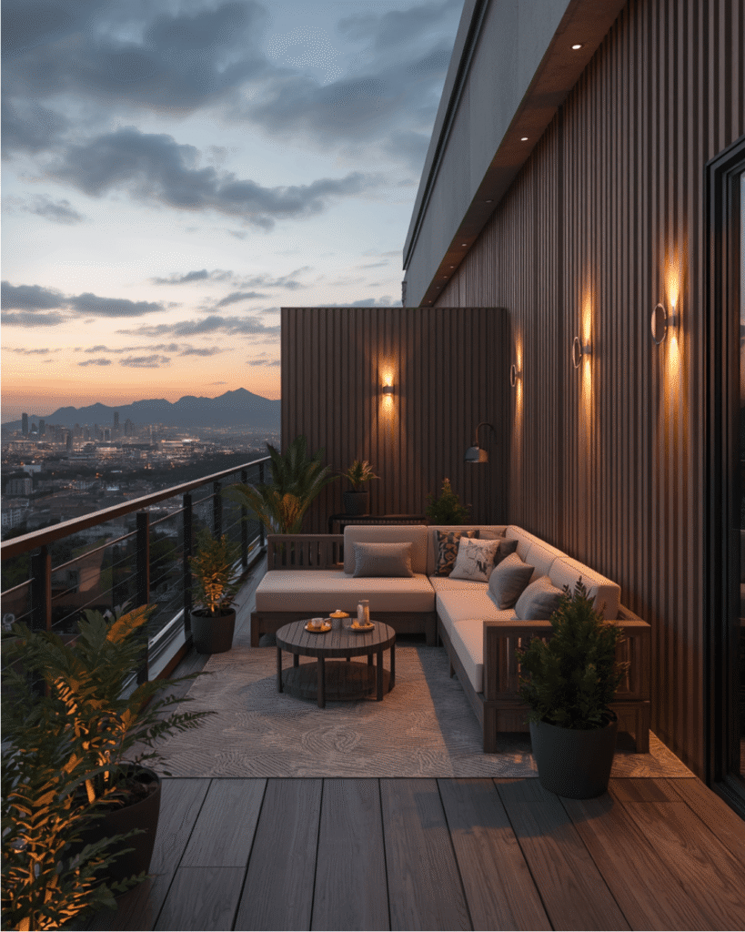 2. Luxury Apartment Balcony Design with Warm Ambient Lighting