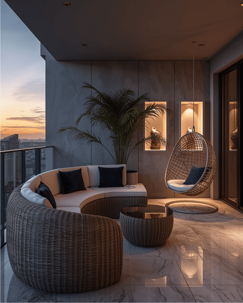 3. Elegant Balcony Decor Ideas with Warm Ambient Lighting