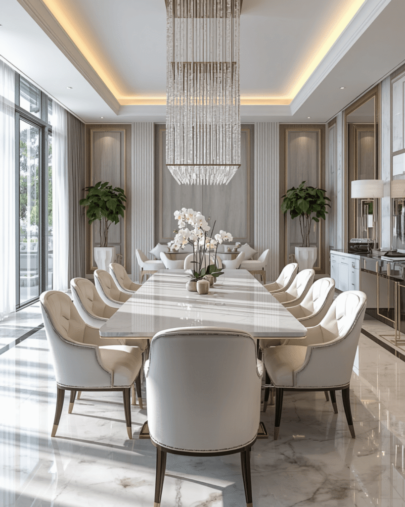 9. High-End Dining Room Styling with Crystal Lighting