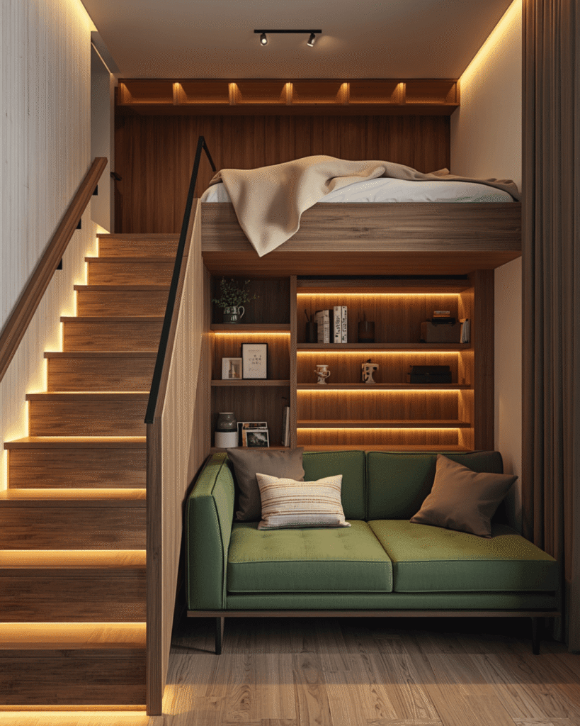 10. Warm Minimalist Apartment Interior with Loft Bed