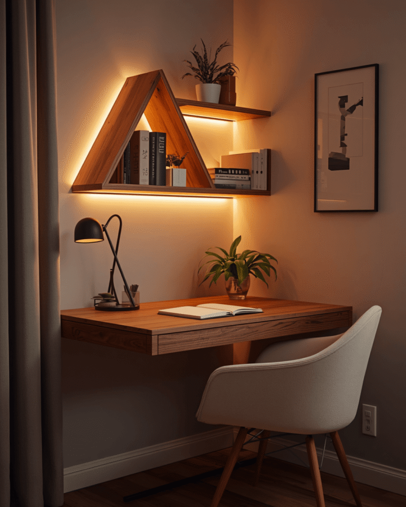 3. Luxury Wooden Workspace Design with Ambient Lighting