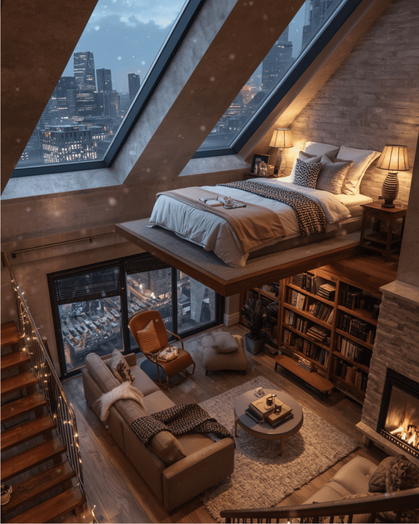 3. Warm Winter Bedroom Inspiration with Skylights and City Views