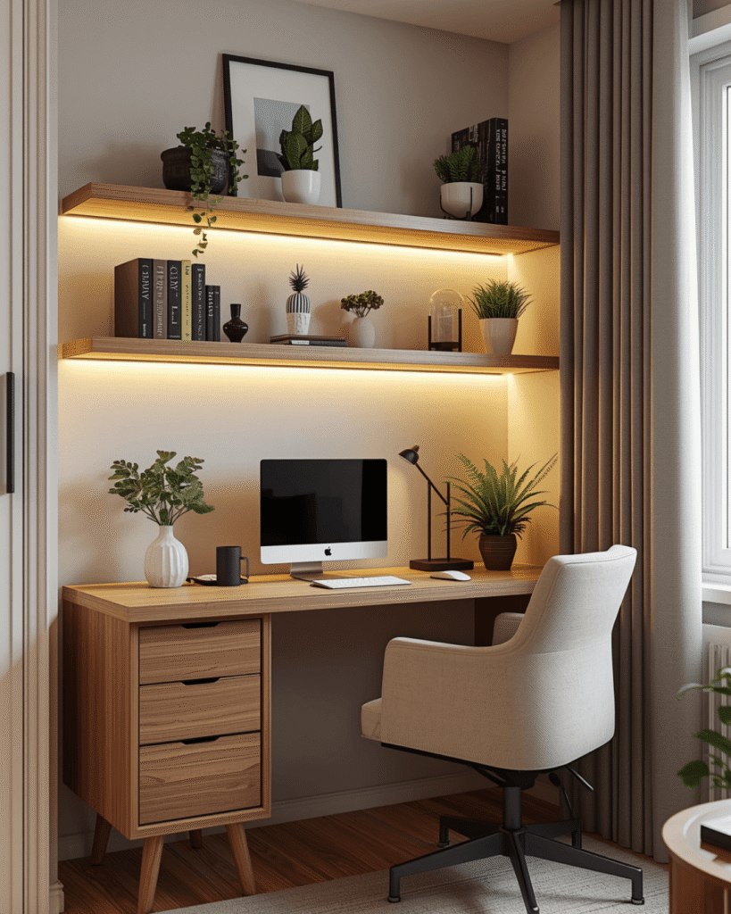 10. Stylish Minimalist Workspace with Geometric Shelving