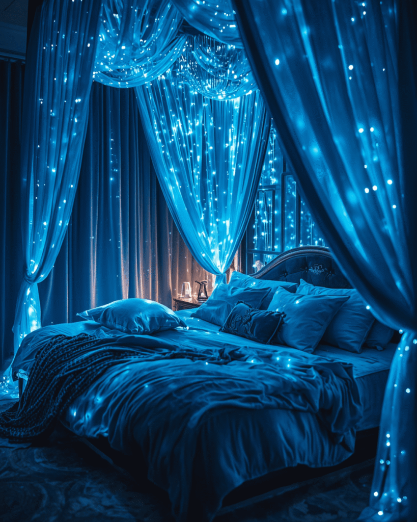 7. Romantic Canopy Bed Design with Fairy Lights