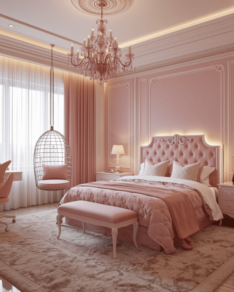 2. Modern Pink Bedroom Decor with Elegant Lighting