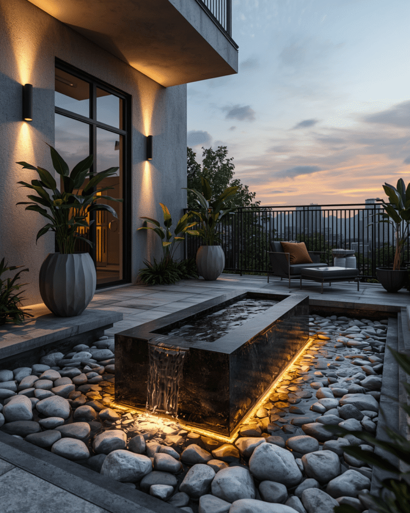8. Modern Water Fountain Landscaping for Compact Outdoor Spaces