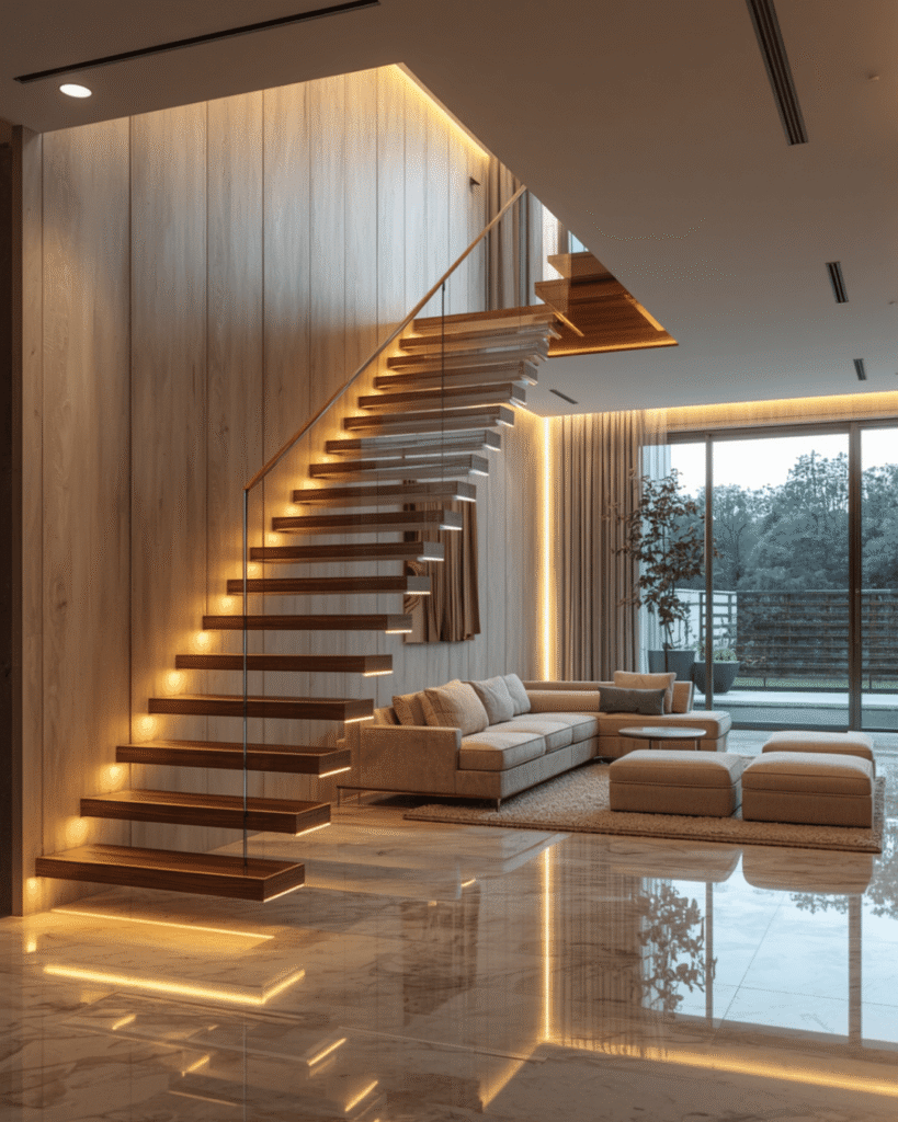 3. Contemporary Staircase Interior Design with Warm Lighting