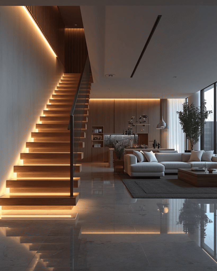 8. High-End Minimalist Living Room with Warm Ambient Lights