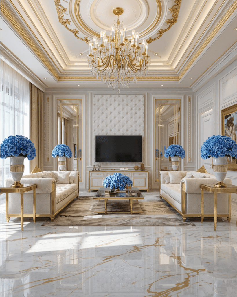 2. Elegant White and Gold Living Room Decor Inspiration