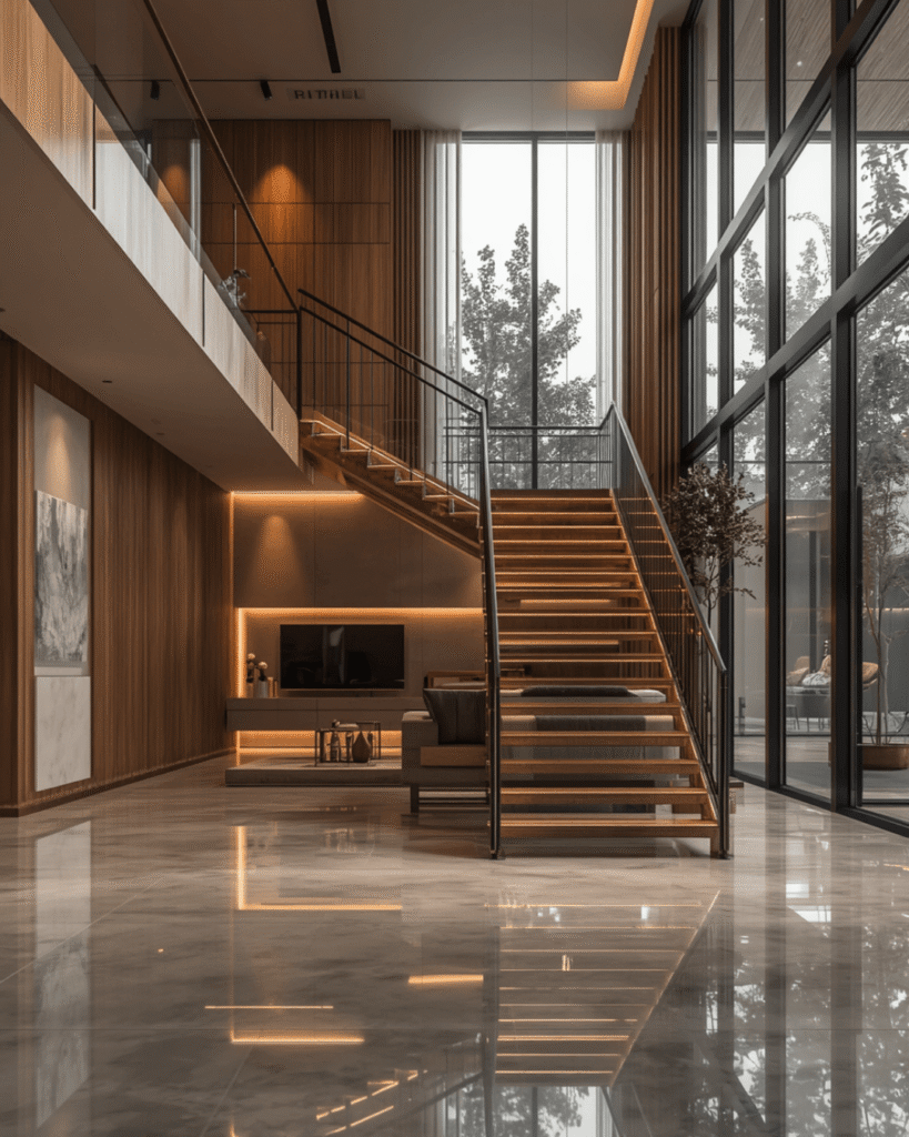 6. Cozy Modern Living Room with Floating Wooden Stairs