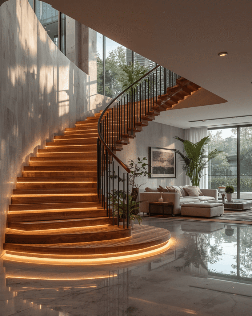 2. Luxury Living Room with LED Staircase Lighting
