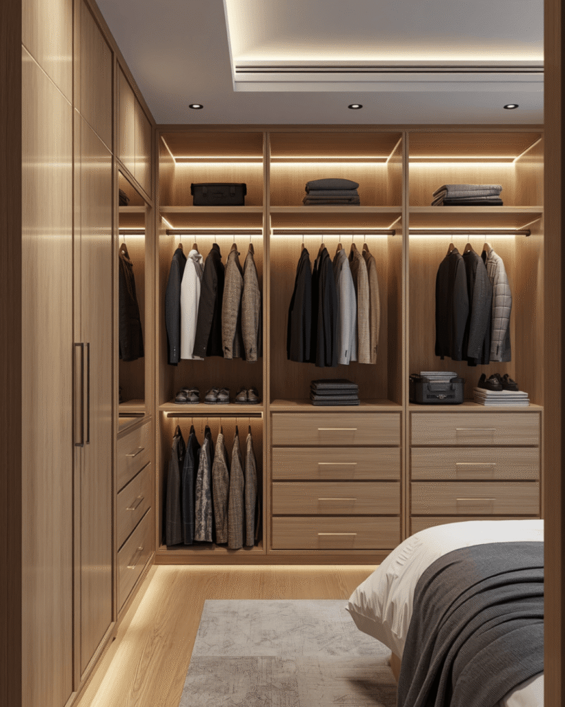 3. Minimalist Walk-In Closet Inspiration with Warm Lighting
