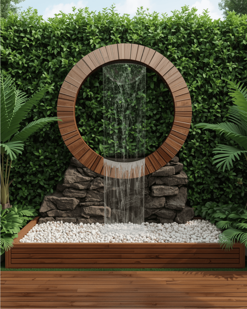 6. :Beautiful Garden Water Features Using Natural Wood and Stone